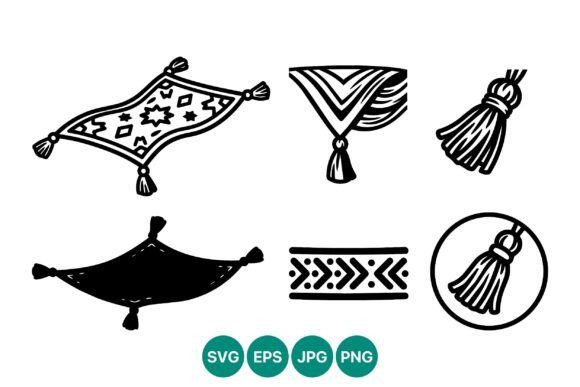Decorative Tassels and Rug Elements Line Graphics
