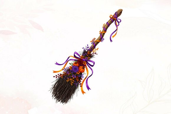 Decorative Witch Broom with Flowers Graphics
